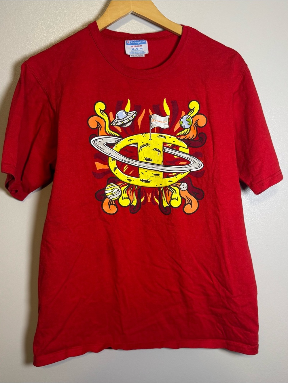 Champion Vintage Mens Red Spaceship Planetary Moon Saturn T-Shirt Size Medium